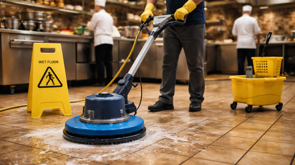 tile cleaning a restaurant floor